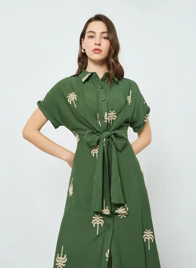 Take Two Women Green Embroidered Belted Knee-length Dress